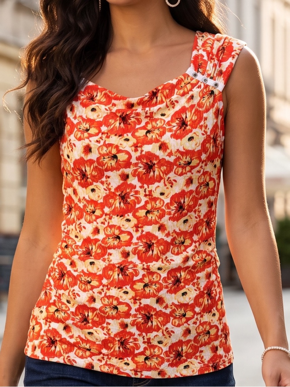 White House Black Market Orange and White Floral Tank with Embellished Shoulders